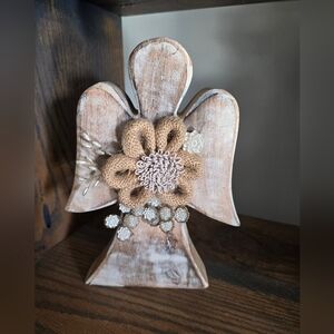 Rustic Wooden Angel Figurine with Burlap Flower